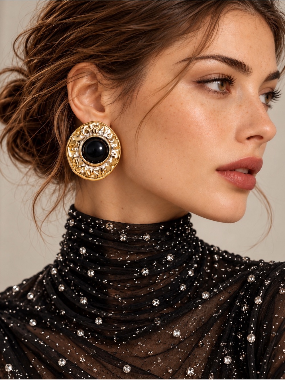 Gold Statement Earrings with Black Center